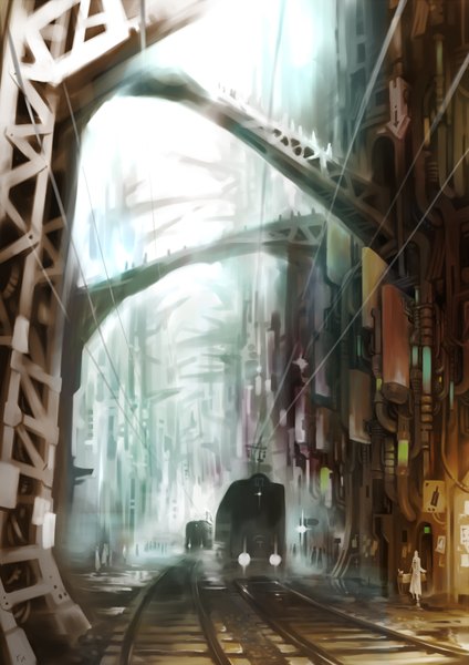Anime picture 2480x3507 with original yuushoku tall image highres short hair white hair city cityscape boy cat cloak cross wire (wires) bridge train railways