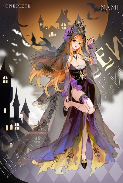 Anime picture 1080x1599 with one piece toei animation nami (one piece) dywx poison single long hair tall image looking at viewer breasts light erotic large breasts standing cleavage orange hair orange eyes copyright name character names standing on one leg halloween girl
