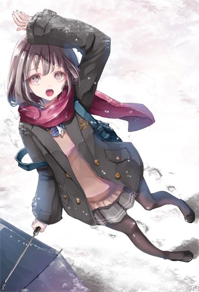 Anime picture 1091x1600 with original ninniku mashimashi single long hair tall image looking at viewer fringe open mouth simple background hair between eyes brown hair standing holding full body :d pleated skirt arm up from above wide sleeves open jacket