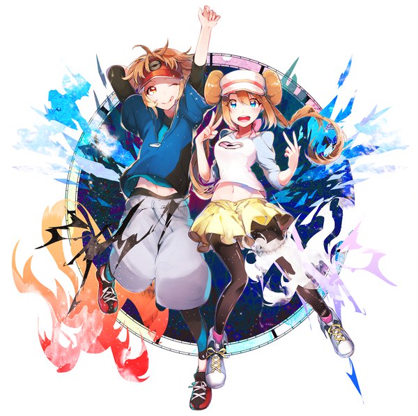 Anime picture 1200x1193 with pokemon pokemon black and white nintendo rosa (pokemon) nate (pokemon) yakusuke long hair short hair blue eyes red eyes brown hair white background twintails full body arm up midriff hair bun (hair buns) groin victory arm behind head