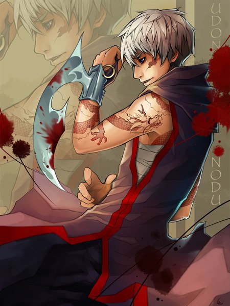Anime picture 800x1067 with unodu single tall image short hair purple eyes profile grey hair tattoo scar boy weapon blood clothes