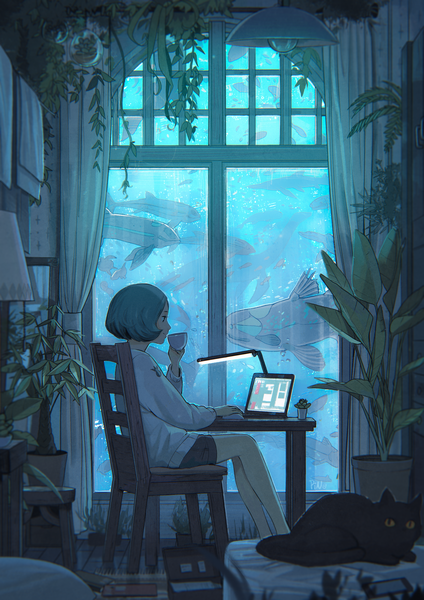 Anime picture 1414x2000 with original tsukun112 single tall image short hair smile sitting holding signed indoors long sleeves profile blurry aqua hair depth of field underwater scenic girl plant (plants) animal