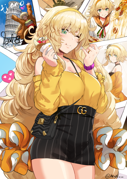 Anime picture 3583x5059 with girls frontline s.a.t.8 (girls frontline) hews long hair tall image highres short hair breasts open mouth blonde hair smile standing bare shoulders holding green eyes signed absurdres eyes closed nail polish one eye closed