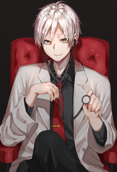 Anime picture 1025x1500 with original reinama single tall image looking at viewer fringe short hair simple background smile hair between eyes sitting holding yellow eyes white hair open clothes mole mole under eye black background boy shirt