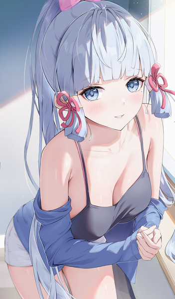 Anime picture 1411x2413 with genshin impact kamisato ayaka rosumerii single tall image looking at viewer blush fringe breasts blue eyes light erotic large breasts standing cleavage silver hair ponytail indoors blunt bangs long sleeves very long hair