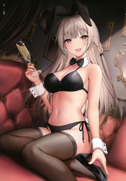 Anime picture 2515x3600 with original shiba 0 single long hair tall image looking at viewer blush fringe highres breasts open mouth light erotic smile large breasts sitting holding brown eyes animal ears payot cleavage