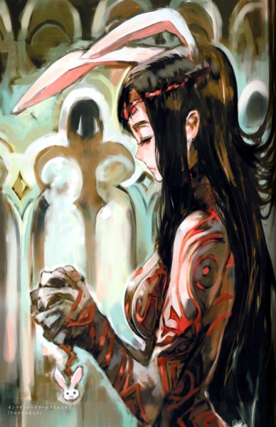 Anime picture 4516x6974 with original humi (artist) long hair tall image highres breasts black hair absurdres eyes closed profile scan bunny ears hieroglyph girl