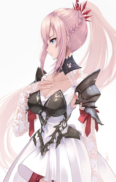 Anime picture 2508x3931 with tales of (series) tales of arise shionne (tales) risumi (taka-fallcherryblossom) single long hair tall image highres blue eyes simple background white background looking away pink hair ponytail profile hand on chest girl dress white dress armor