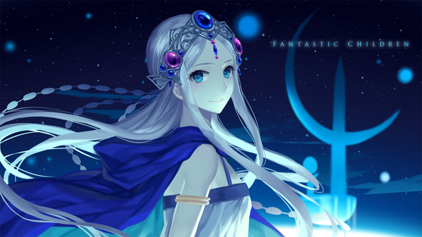 Anime picture 1200x675 with fantastic children tina (fantastic children) liluo (jinha) single long hair looking at viewer blue eyes smile wide image white hair girl dress hair ornament