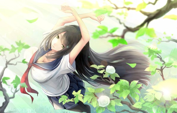 Anime picture 2000x1278 with original kikivi single long hair looking at viewer fringe highres breasts black hair large breasts brown eyes cleavage outdoors from above looking up arched back girl skirt uniform flower (flowers)