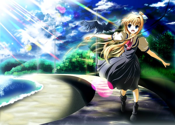 Anime picture 1200x858 with air key (studio) kamio misuzu sora skyt2 spread arms girl animal bird (birds)