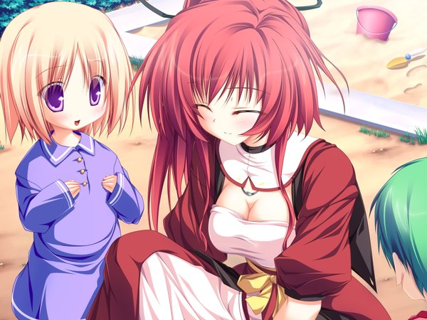 Anime picture 1600x1200 with magus tale whirlpool (studio) seera finis victoria tenmaso long hair blush short hair open mouth blonde hair purple eyes multiple girls game cg cleavage ponytail red hair eyes closed green hair side ponytail squat sand