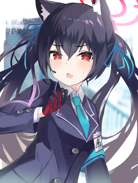 Anime picture 1510x2000 with blue archive serika (blue archive) darudana single long hair tall image looking at viewer fringe open mouth black hair hair between eyes red eyes twintails animal ears upper body sweatdrop girl gloves halo armband