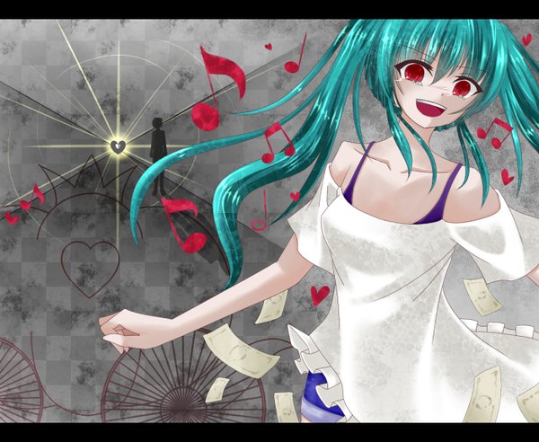 Anime picture 1400x1150 with vocaloid unhappy refrain (vocaloid) hatsune miku shimeji hachi (artist) long hair open mouth red eyes twintails bare shoulders aqua hair tears letterboxed girl musical note