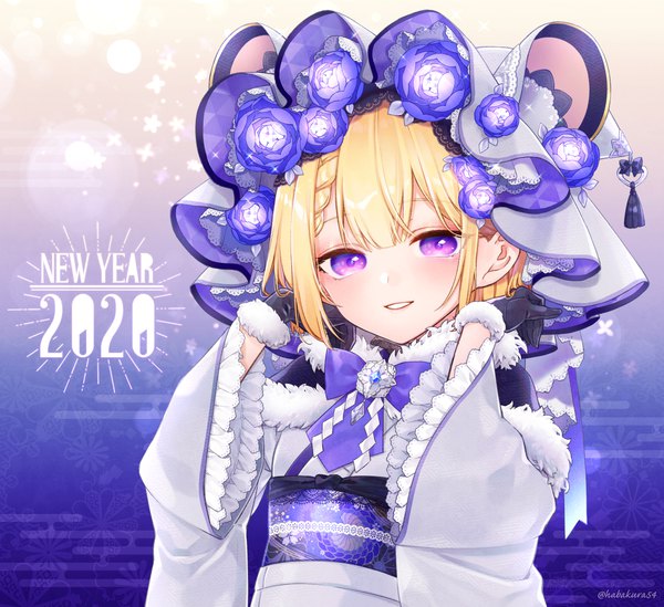 Anime picture 1989x1820 with original goshi-san single looking at viewer highres short hair blonde hair purple eyes animal ears upper body traditional clothes japanese clothes new year 2020 egasumi mouse ears girl gloves flower (flowers) black gloves