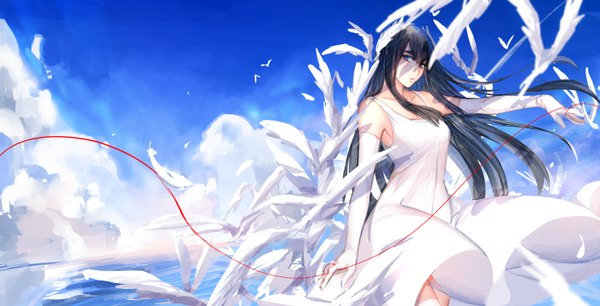 Anime picture 2817x1440 with kill la kill studio trigger kiryuuin satsuki allenkung1 single long hair looking at viewer highres blue eyes black hair wide image sky cloud (clouds) wind girl dress gloves animal elbow gloves white gloves