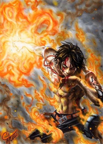 Anime picture 2941x4119 with one piece toei animation portgas d. ace marlboro (artist) single tall image highres short hair black hair smile bare shoulders green eyes bare belly tattoo magic muscle boy navel belt blood