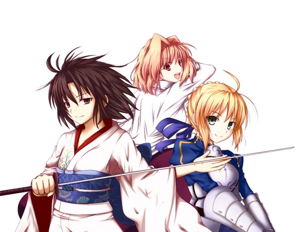 Anime picture 2500x1963 with fate (series) shingetsutan tsukihime kara no kyoukai type-moon artoria pendragon (all) saber ryougi shiki arcueid brunestud kuena looking at viewer highres short hair open mouth blonde hair simple background smile red eyes brown hair white background multiple girls