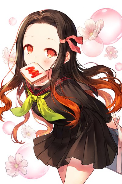 Anime picture 700x1050 with kimetsu no yaiba ufotable kamado nezuko kh (kh 1128) single long hair tall image looking at viewer blush red eyes brown hair pleated skirt leaning leaning forward gradient hair hands behind back toast in mouth girl skirt uniform