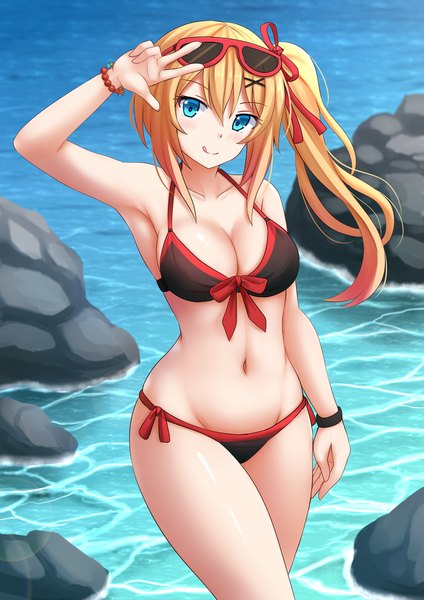 Anime picture 1200x1697 with girls frontline kalina (girls frontline) kazenokaze single long hair tall image looking at viewer fringe breasts blue eyes light erotic blonde hair smile hair between eyes standing bare shoulders payot outdoors arm up wind
