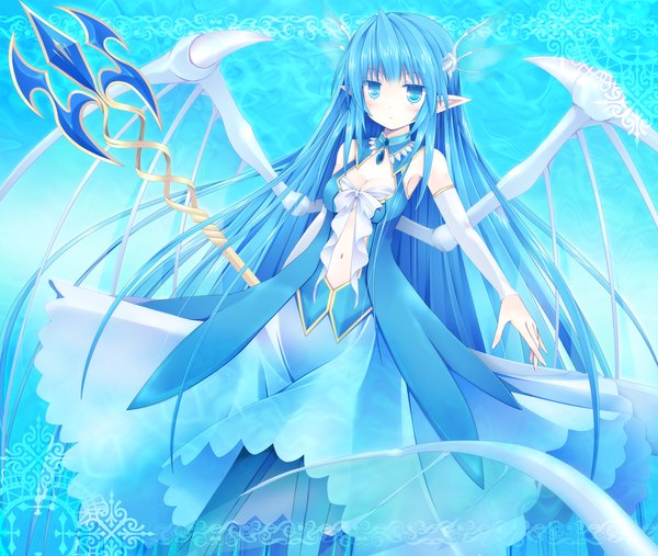 Anime picture 1300x1100 with gonzo zettai bouei leviathan leviathan (zettai bouei leviathan) kuon itsuki single long hair blush blue eyes blue hair pointy ears girl dress weapon detached sleeves wings