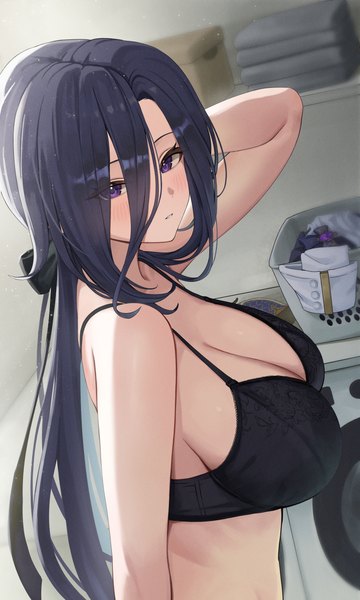 Anime picture 3000x5000 with genshin impact clorinde (genshin impact) sp123 single long hair tall image looking at viewer blush fringe highres breasts light erotic black hair hair between eyes large breasts purple eyes cleavage upper body indoors parted lips