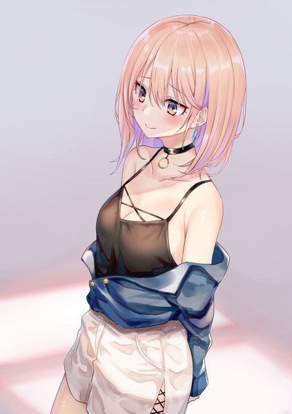 Anime-Bild 1062x1505 mit original piripun single tall image blush fringe short hair breasts simple background blonde hair smile hair between eyes large breasts standing brown eyes payot looking away off shoulder side slit girl