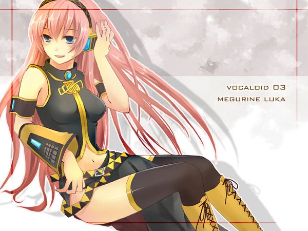 Anime picture 1024x768 with vocaloid megurine luka shiramori yuse long hair blush blue eyes smile pink hair midriff copyright name character names girl thighhighs detached sleeves boots headset