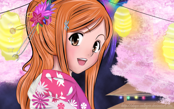 Anime picture 1440x900 with bleach studio pierrot inoue orihime single long hair open mouth wide image brown eyes japanese clothes hair flower orange hair festival girl hair ornament
