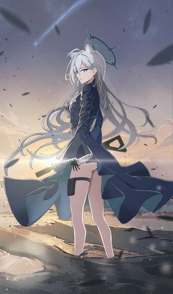 Anime picture 1081x1840 with blue archive shiroko (blue archive) shiroko terror (blue archive) udon f single long hair tall image fringe light erotic hair between eyes standing animal ears sky silver hair outdoors ass aqua eyes bare legs beach girl
