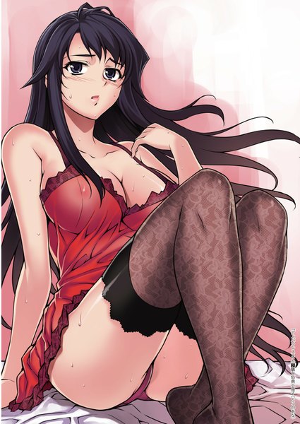 Anime picture 1218x1720 with unbalance unbalance hae-young na soo-hyon lee single long hair tall image blush breasts open mouth light erotic black hair sitting cleavage black eyes legs underwear only girl thighhighs underwear panties