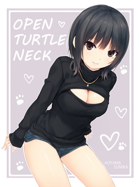 Anime picture 768x1024 with original aoyama sumika coffee-kizoku single tall image looking at viewer short hair light erotic black hair brown eyes cleavage light smile girl shorts short shorts sweater turtleneck open-chest turtleneck