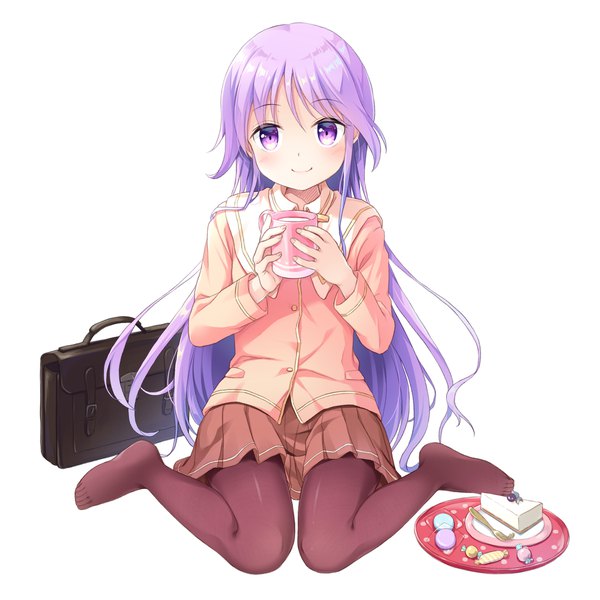 Anime picture 2205x2205 with happiness watarase jun tamakake single long hair looking at viewer blush highres simple background smile white background sitting purple eyes purple hair full body no shoes wariza otoko no ko boy uniform