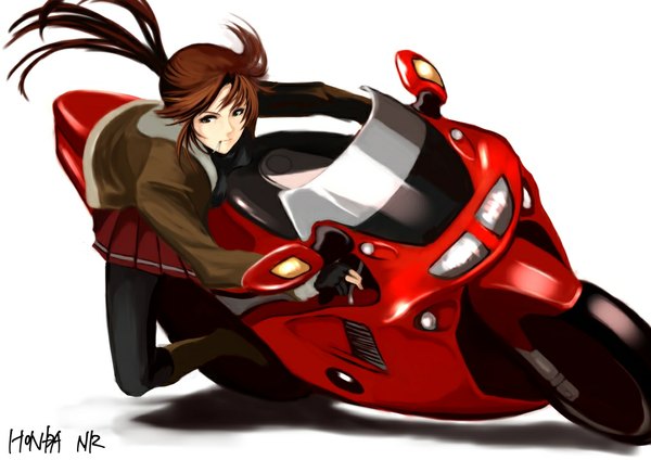 Anime picture 1023x723 with black lagoon madhouse revy (black lagoon) long hair simple background brown hair white background brown eyes ponytail smoking girl skirt miniskirt jacket motorcycle