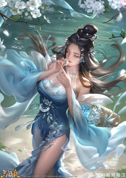 Anime picture 2480x3509 with legend of the three kingdoms yiqian zhang single long hair tall image highres breasts black hair standing holding cleavage eyes closed from above wind realistic wide sleeves arms up hair bun (hair buns) copyright name watermark
