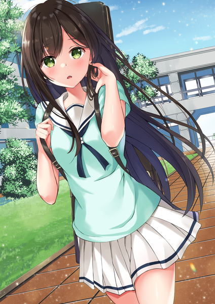 Anime picture 970x1374 with bang dream! hanazono tae sweetcheese single long hair tall image looking at viewer blush fringe open mouth brown hair standing green eyes payot sky cloud (clouds) outdoors pleated skirt wind sparkle