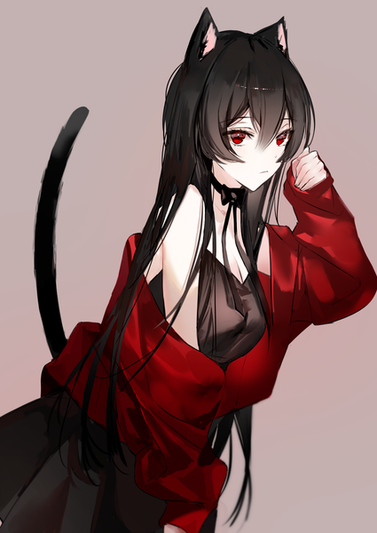 Anime picture 850x1200 with original naru (ul) single long hair tall image looking at viewer fringe breasts black hair simple background hair between eyes red eyes standing bare shoulders animal ears cleavage tail long sleeves animal tail arm up