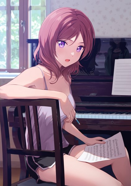 Anime picture 1147x1631 with love live! school idol project sunrise (studio) love live! nishikino maki nishikino maki's mother shamakho tall image looking at viewer fringe short hair open mouth hair between eyes sitting purple eyes bare shoulders multiple girls holding red hair indoors long sleeves