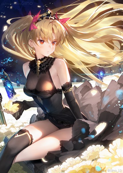 Anime picture 1200x1683 with fate (series) fate/grand order ereshkigal (fate) siino single long hair tall image breasts light erotic blonde hair red eyes sitting holding looking away wind two side up crossed legs turning head girl thighhighs