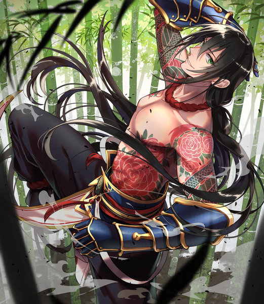 Anime picture 891x1025 with fate (series) fate/grand order yan qing (fate) noes single tall image looking at viewer black hair smile green eyes bent knee (knees) very long hair from above tattoo topless low ponytail hand on head bamboo forest boy plant (plants)