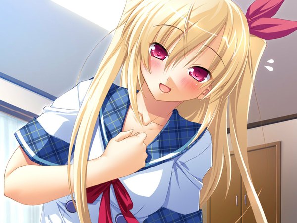 Anime picture 1600x1200 with chu x chu idol akifumi ozawa long hair looking at viewer blush fringe highres blonde hair red eyes twintails game cg indoors uniform serafuku