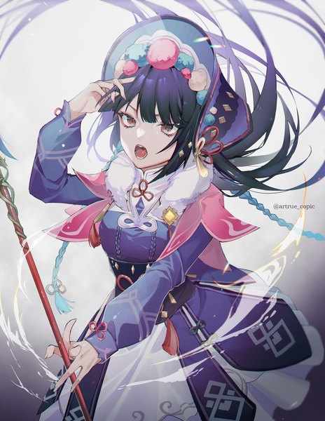 Anime picture 1200x1552 with genshin impact yun jin (genshin impact) artue single long hair tall image fringe open mouth black hair red eyes signed looking away twitter username adjusting hair girl weapon hat spear vision (genshin impact)