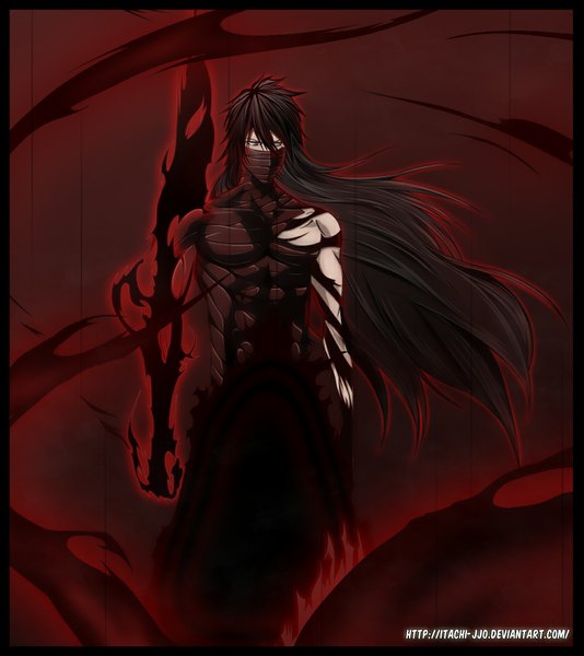 Anime picture 1000x1123 with bleach studio pierrot kurosaki ichigo itachi-jjo single long hair tall image black hair brown eyes coloring magic muscle spoilers boy bandage (bandages)