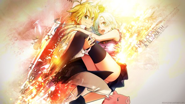 イラスト 1920x1080 と nanatsu no taizai a-1 pictures elizabeth liones meliodas hawk (nanatsu no taizai) redeye27 こだちナツ 長髪 前髪 highres 短い髪 開いた口 light erotic 金髪 笑顔 wide image 肩出し 緑の目 銀髪 片目隠れ