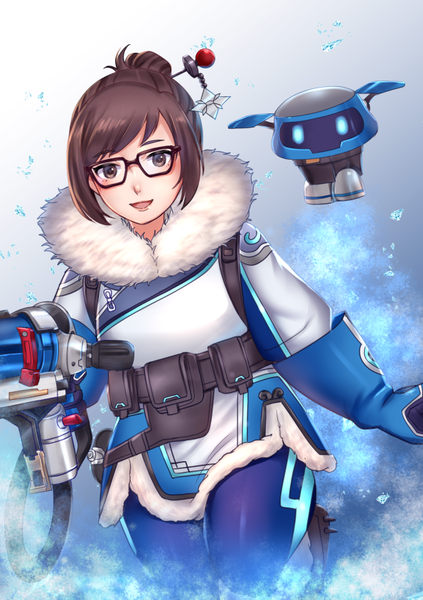 Anime picture 595x842 with overwatch blizzard entertainment mei (overwatch) snowball (overwatch) sayama (chiwan0830) single tall image looking at viewer blush fringe short hair open mouth brown hair brown eyes payot hair bun (hair buns) dutch angle fur trim girl gloves