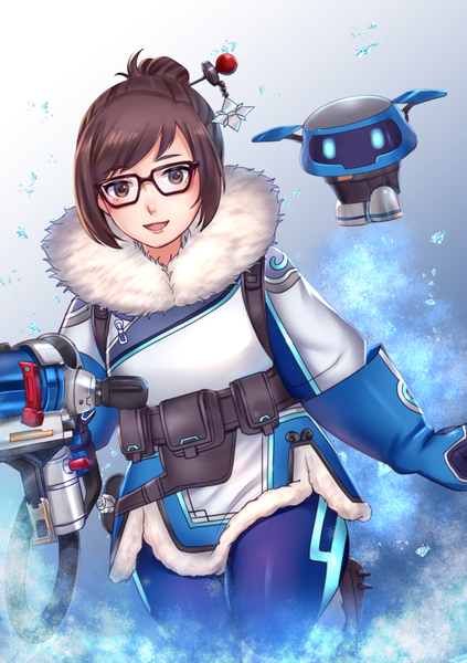 Аниме картинка 595x842 с overwatch blizzard entertainment mei (overwatch) snowball (overwatch) sayama (chiwan0830) один (одна) высокое изображение смотрит на зрителя румянец чёлка короткие волосы открытый рот каштановые волосы карие глаза пейсы пучок волос (пучки волос) голландский угол меховая отделка девушка перчатки