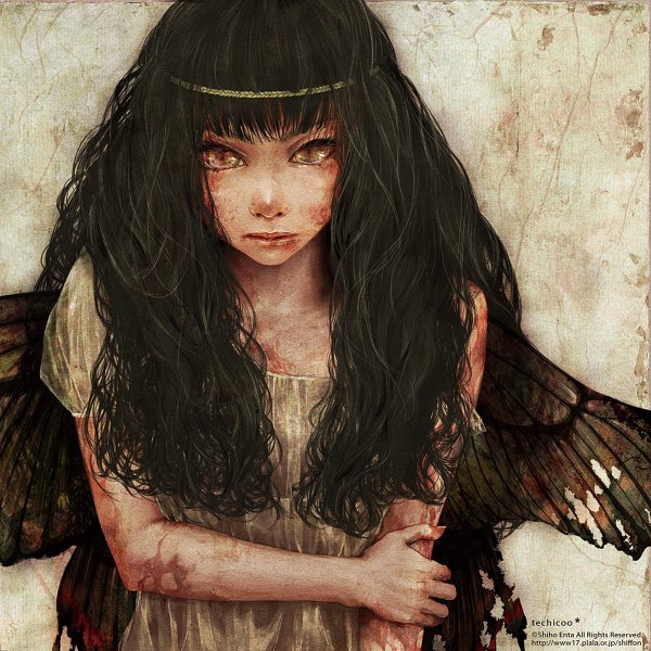 Anime picture 1200x1200 with original enta shiho long hair black hair yellow eyes torn clothes insect wings butterfly wings eyes girl wings hairband wreath