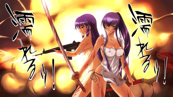 Anime picture 1920x1080 with highschool of the dead madhouse busujima saeko drawfag long hair highres blue eyes light erotic wide image multiple girls purple hair ponytail hieroglyph back to back nearly naked apron girl weapon 2 girls swimsuit bikini