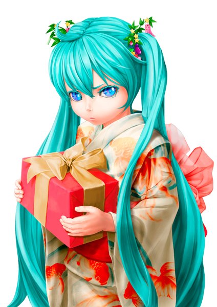 Anime picture 1024x1449 with vocaloid hatsune miku pi (pppppchang) single long hair tall image blue eyes simple background white background twintails very long hair japanese clothes realistic aqua hair tanabata girl gift yukata