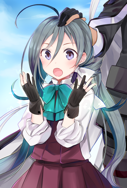 Anime picture 1000x1480 with kantai collection musashi super battleship kiyoshimo destroyer yuna (yukiyuna) long hair tall image blush fringe open mouth hair between eyes purple eyes multiple girls ahoge grey hair sparkle solo focus hand on another's head girl gloves uniform